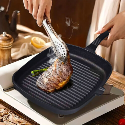 2x 23.5cm Square Ribbed Cast Iron Frying Pan Skillet Steak Sizzle Platter with Handle - Image 4