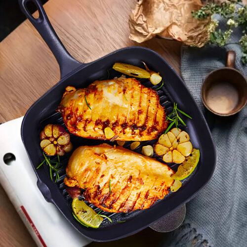 2x 23.5cm Square Ribbed Cast Iron Frying Pan Skillet Steak Sizzle Platter with Handle - Image 5