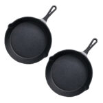 2x 26cm Round Cast Iron Frying Pan Skillet Steak Sizzle Platter with Handle
