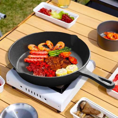 2x 26cm Round Cast Iron Frying Pan Skillet Steak Sizzle Platter with Handle - Image 3