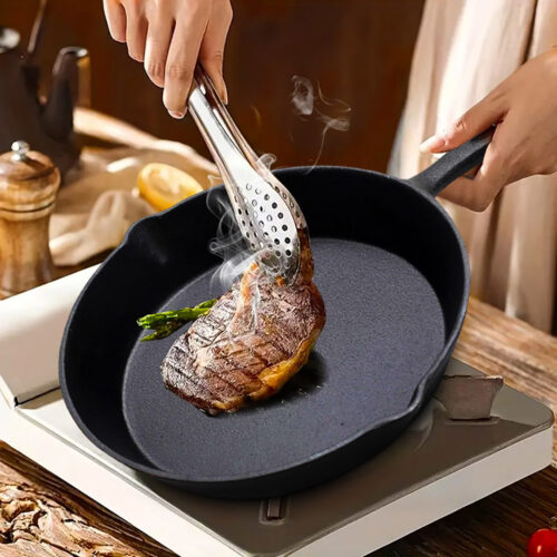 2x 26cm Round Cast Iron Frying Pan Skillet Steak Sizzle Platter with Handle - Image 4