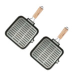 2x 24cm Ribbed Cast Iron Square Steak Frying Grill Skillet Pan with Folding Wooden Handle