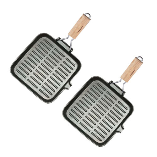 2x 24cm Ribbed Cast Iron Square Steak Frying Grill Skillet Pan with Folding Wooden Handle