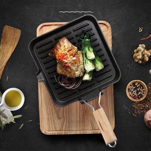 2x 24cm Ribbed Cast Iron Square Steak Frying Grill Skillet Pan with Folding Wooden Handle - Image 2