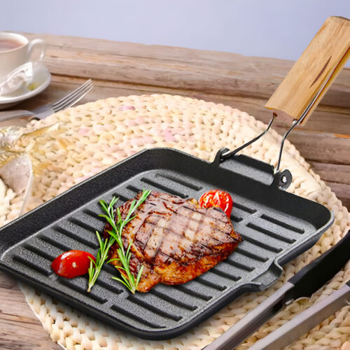 2x 24cm Ribbed Cast Iron Square Steak Frying Grill Skillet Pan with Folding Wooden Handle - Image 3