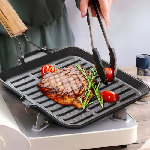 2x 24cm Ribbed Cast Iron Square Steak Frying Grill Skillet Pan with Folding Wooden Handle - Image 4