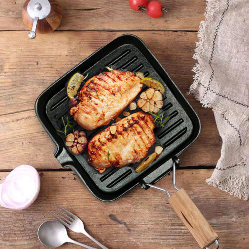 2x 24cm Ribbed Cast Iron Square Steak Frying Grill Skillet Pan with Folding Wooden Handle - Image 6