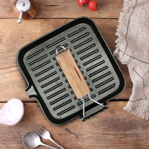 2x 24cm Ribbed Cast Iron Square Steak Frying Grill Skillet Pan with Folding Wooden Handle - Image 7
