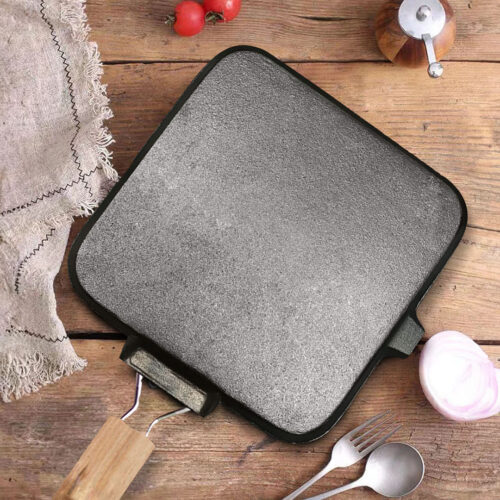 2x 24cm Ribbed Cast Iron Square Steak Frying Grill Skillet Pan with Folding Wooden Handle - Image 8