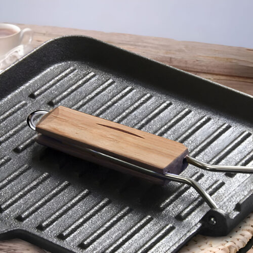 2x 24cm Ribbed Cast Iron Square Steak Frying Grill Skillet Pan with Folding Wooden Handle - Image 9