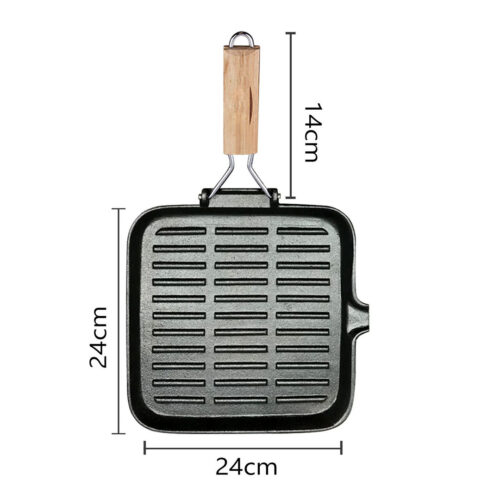 2x 24cm Ribbed Cast Iron Square Steak Frying Grill Skillet Pan with Folding Wooden Handle - Image 10