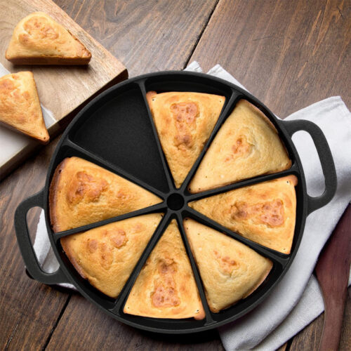 2x 21.5CM Round Cast Iron Baking Wedge Pan Cornbread Cake 8-Slice Baking Dish with Handle - Image 3