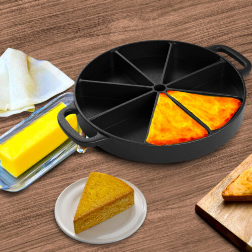 2x 21.5CM Round Cast Iron Baking Wedge Pan Cornbread Cake 8-Slice Baking Dish with Handle - Image 4