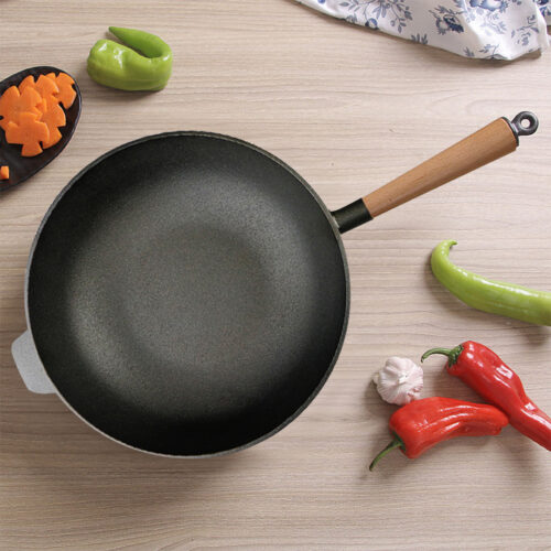 31cm Commercial Cast Iron Wok Round Bottom FryPan Home Cooking Skillet - Image 5
