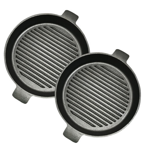 2x 26cm Round Ribbed Cast Iron Frying Pan Skillet Steak Sizzle Platter with Handle