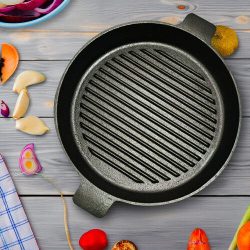 2x 26cm Round Ribbed Cast Iron Frying Pan Skillet Steak Sizzle Platter with Handle - Image 2