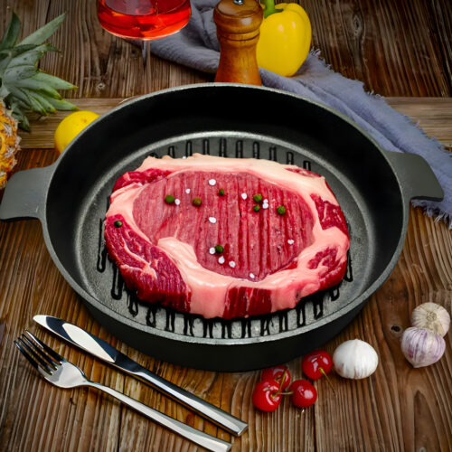 2x 26cm Round Ribbed Cast Iron Frying Pan Skillet Steak Sizzle Platter with Handle - Image 3