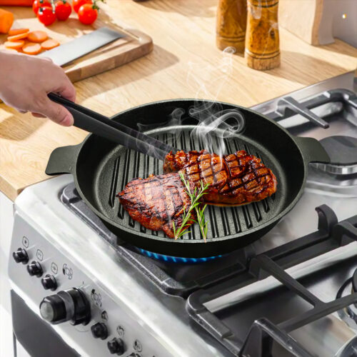2x 26cm Round Ribbed Cast Iron Frying Pan Skillet Steak Sizzle Platter with Handle - Image 4