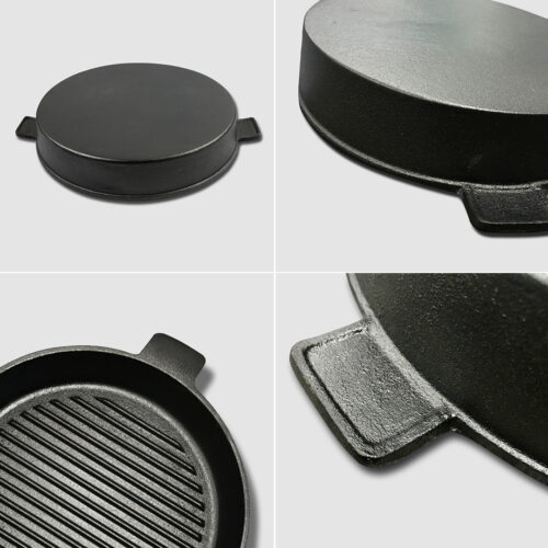 2x 26cm Round Ribbed Cast Iron Frying Pan Skillet Steak Sizzle Platter with Handle - Image 6