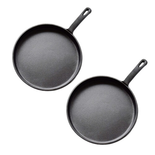 2x 26cm Round Cast Iron Frying Pan Skillet Griddle Sizzle Platter