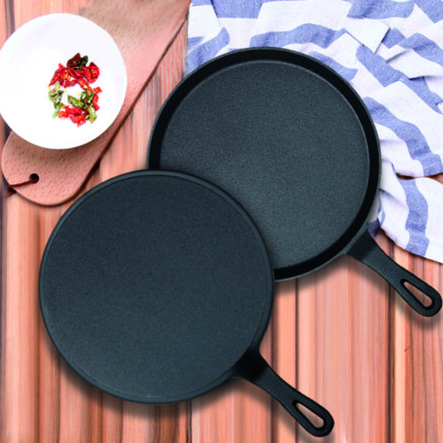 2x 26cm Round Cast Iron Frying Pan Skillet Griddle Sizzle Platter - Image 2