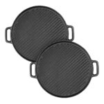 2x 30cm Round Cast Iron Ribbed BBQ Pan Skillet Steak Sizzle Platter with Handle