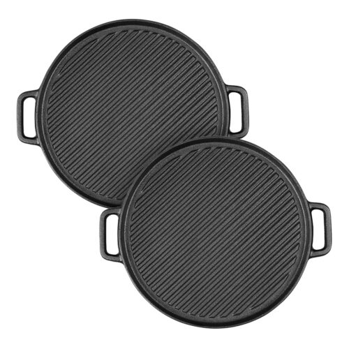 2x 30cm Round Cast Iron Ribbed BBQ Pan Skillet Steak Sizzle Platter with Handle
