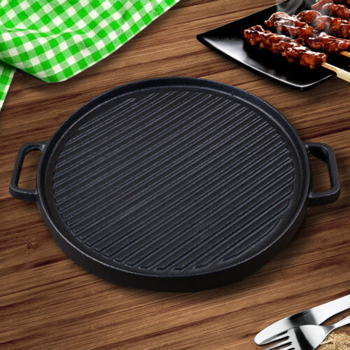 2x 30cm Round Cast Iron Ribbed BBQ Pan Skillet Steak Sizzle Platter with Handle - Image 2