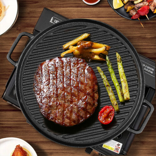 2x 30cm Round Cast Iron Ribbed BBQ Pan Skillet Steak Sizzle Platter with Handle - Image 3