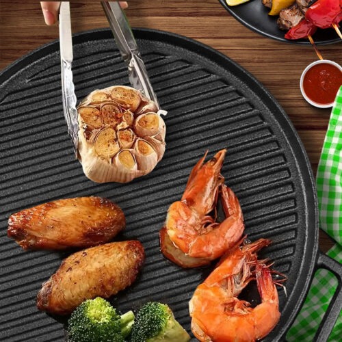 2x 30cm Round Cast Iron Ribbed BBQ Pan Skillet Steak Sizzle Platter with Handle - Image 4