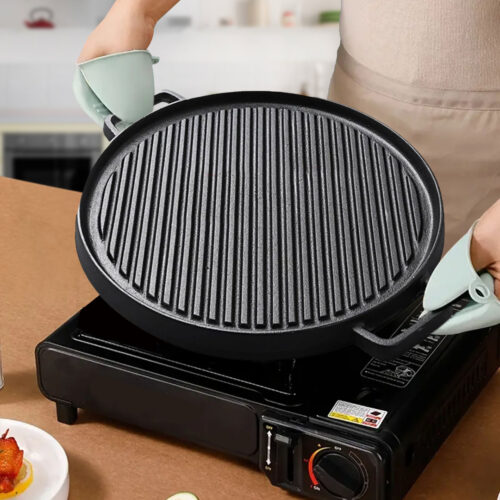 2x 30cm Round Cast Iron Ribbed BBQ Pan Skillet Steak Sizzle Platter with Handle - Image 5