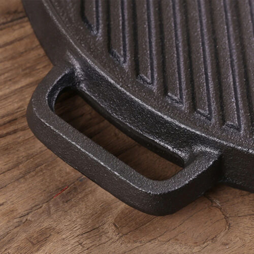 2x 30cm Round Cast Iron Ribbed BBQ Pan Skillet Steak Sizzle Platter with Handle - Image 6