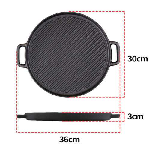 2x 30cm Round Cast Iron Ribbed BBQ Pan Skillet Steak Sizzle Platter with Handle - Image 8