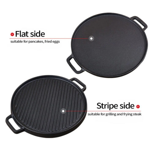 2x 30cm Round Cast Iron Ribbed BBQ Pan Skillet Steak Sizzle Platter with Handle - Image 9