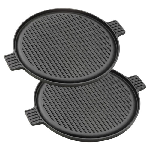 2x 43cm Round Ribbed Cast Iron Frying Pan Skillet Steak Sizzle Platter with Handle