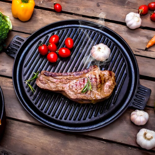 2x 43cm Round Ribbed Cast Iron Frying Pan Skillet Steak Sizzle Platter with Handle - Image 2