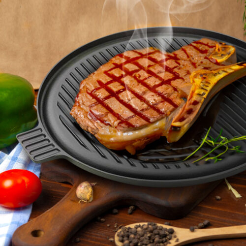 2x 43cm Round Ribbed Cast Iron Frying Pan Skillet Steak Sizzle Platter with Handle - Image 3