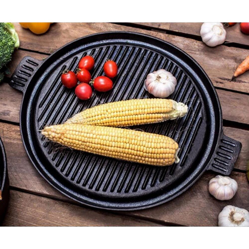 2x 43cm Round Ribbed Cast Iron Frying Pan Skillet Steak Sizzle Platter with Handle - Image 7