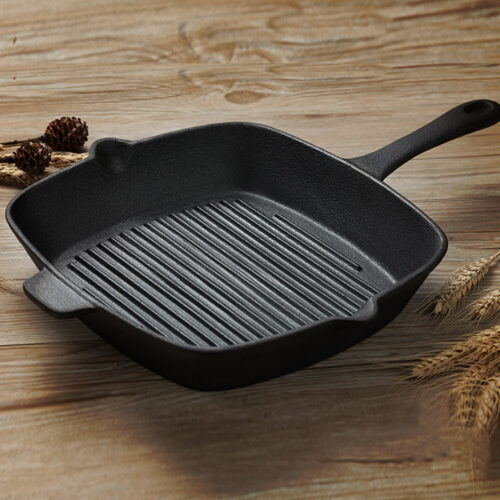 2x 26cm Square Ribbed Cast Iron Frying Pan Skillet Steak Sizzle Platter with Handle - Image 7