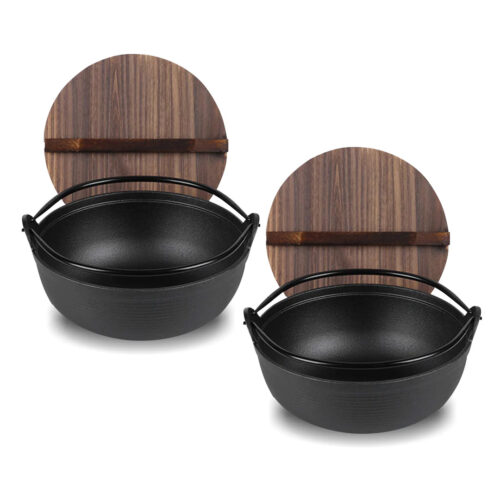 2x 25cm Cast Iron Japanese Sukiyaki Tetsu Nabe Shabu Hot Pot with Wooden Lid