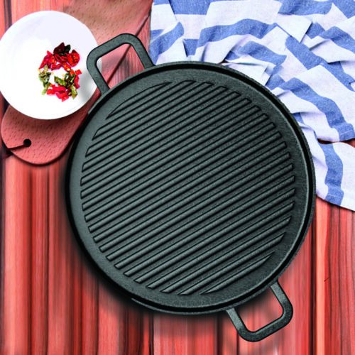 2x 28cm Ribbed Cast Iron Frying Pan Skillet Coating Steak Sizzle Platter - Image 2