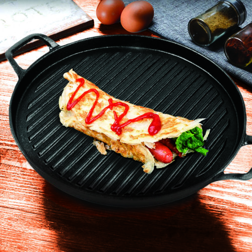 2x 28cm Ribbed Cast Iron Frying Pan Skillet Coating Steak Sizzle Platter - Image 3