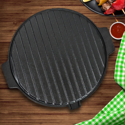 2x 30CM Round Cast Iron Korean BBQ Grill Plate with Handles Drip Lip - Image 2