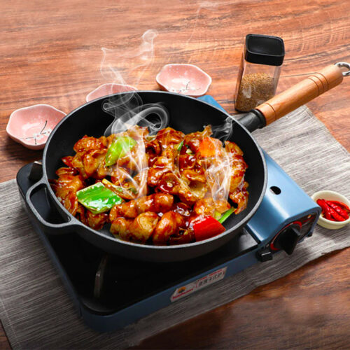 2x 27cm Round Cast Iron Frying Pan Skillet Steak Sizzle Platter with Helper Handle - Image 3