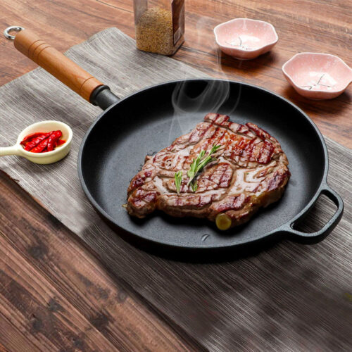 2x 27cm Round Cast Iron Frying Pan Skillet Steak Sizzle Platter with Helper Handle - Image 4
