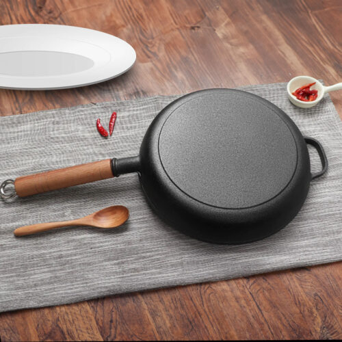 2x 27cm Round Cast Iron Frying Pan Skillet Steak Sizzle Platter with Helper Handle - Image 5