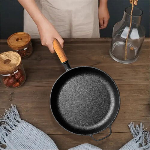 2x 27cm Round Cast Iron Frying Pan Skillet Steak Sizzle Platter with Helper Handle - Image 6