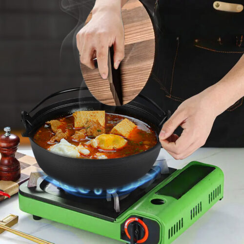 2x 29cm Cast Iron Japanese Sukiyaki Tetsu Nabe Shabu Hot Pot with Wooden Lid - Image 9