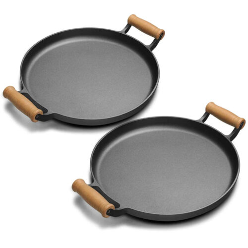 2x 31cm Cast Iron Frying Pan Skillet Steak Sizzle Fry Platter with Wooden Handle No Lid