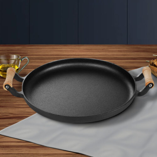 2x 31cm Cast Iron Frying Pan Skillet Steak Sizzle Fry Platter with Wooden Handle No Lid - Image 3